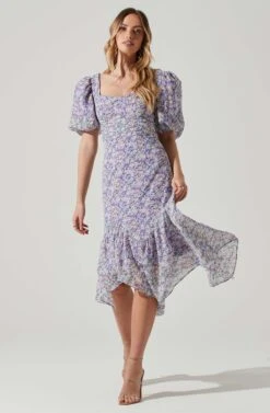 Floral Short Sleeve Asymmetrical Hem Midi Dress -Dresses Sales Store ADR101039 PURPLEMULTIFLORAL 1