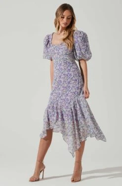 Floral Short Sleeve Asymmetrical Hem Midi Dress -Dresses Sales Store ADR101039 PURPLEMULTIFLORAL 2