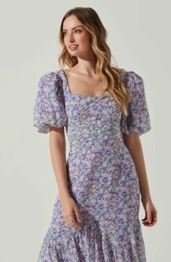 Floral Short Sleeve Asymmetrical Hem Midi Dress -Dresses Sales Store ADR101039 PURPLEMULTIFLORAL 3