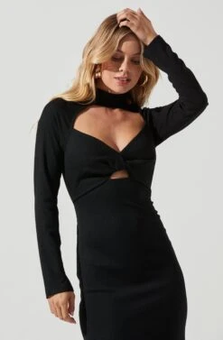 Long Sleeve Twist Bust Midi Dress -Dresses Sales Store ADR101045 BLACK 2