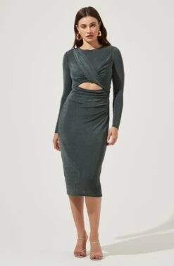 Long Sleeve Twist Front Dress -Dresses Sales Store ADR101047 GREEN 1