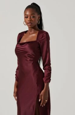 Gracie Long Sleeve Cutout Satin Midi Dress -Dresses Sales Store ADR101065 DEEPWINE 2