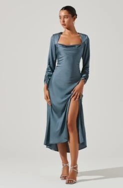 Gracie Long Sleeve Cutout Satin Midi Dress -Dresses Sales Store ADR101065 DUSTYBLUE 1