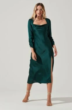 Gracie Long Sleeve Cutout Satin Midi Dress -Dresses Sales Store ADR101065 HUNTERGREEN 2