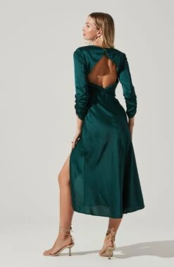 Gracie Long Sleeve Cutout Satin Midi Dress -Dresses Sales Store ADR101065 HUNTERGREEN 5