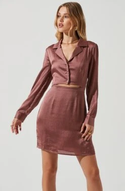 Long Sleeve Center Cutout Shirt Dress -Dresses Sales Store ADR101101 MAUVE 1069