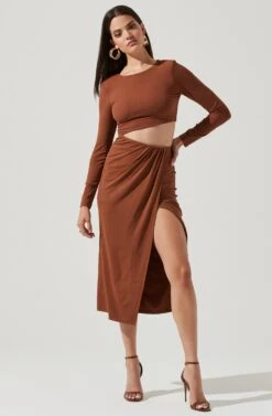 Westwood Long Sleeve Side Cutout Midi Dress -Dresses Sales Store ADR101108 BROWN 1