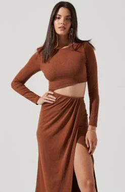 Westwood Long Sleeve Side Cutout Midi Dress -Dresses Sales Store ADR101108 BROWN 2