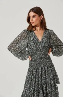 Long Sleeve Asymmetrical Multi Ruffle Floral Midi Dress -Dresses Sales Store ADR101117 BLACKPURPLEFLORAL 0835