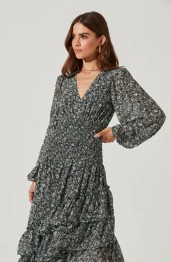 Long Sleeve Asymmetrical Multi Ruffle Floral Midi Dress -Dresses Sales Store ADR101117 BLACKPURPLEFLORAL 0839