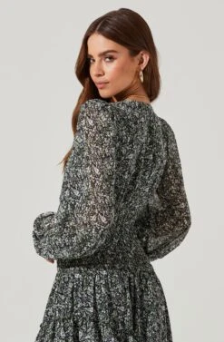 Long Sleeve Asymmetrical Multi Ruffle Floral Midi Dress -Dresses Sales Store ADR101117 BLACKPURPLEFLORAL 0844