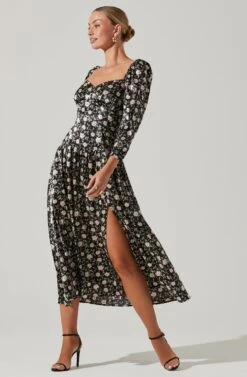 Puff Sleeve Sweetheart Neck Midi Dress 12 Puff Sleeve Sweetheart Neck Midi Dress -Dresses Sales Store ADR101134 BLACKFLORAL 2