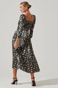 Puff Sleeve Sweetheart Neck Midi Dress 14 Puff Sleeve Sweetheart Neck Midi Dress -Dresses Sales Store ADR101134 BLACKFLORAL 5