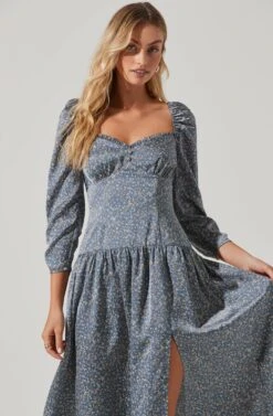 Puff Sleeve Sweetheart Neck Midi Dress 16 Puff Sleeve Sweetheart Neck Midi Dress -Dresses Sales Store ADR101134 BLUEFLORAL 2