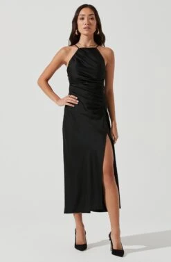 Front Slit Halter Satin Midi Dress -Dresses Sales Store ADR101166 BLACK 2103