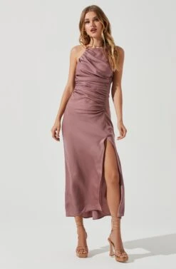 Front Slit Halter Satin Midi Dress -Dresses Sales Store ADR101166 MAUVE 0746