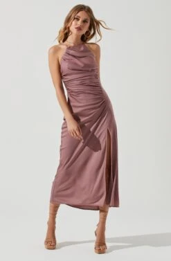Front Slit Halter Satin Midi Dress -Dresses Sales Store ADR101166 MAUVE 0750