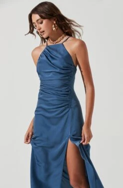 Front Slit Halter Satin Midi Dress -Dresses Sales Store ADR101166 STEELBLUE 0475