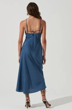 Front Slit Halter Satin Midi Dress -Dresses Sales Store ADR101166 STEELBLUE 0495