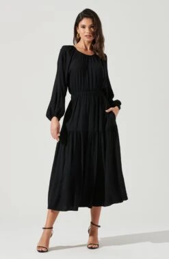 Long Sleeve Cinched Cutout Waist Tiered Midi Dress -Dresses Sales Store ADR101214 BLACK 1908