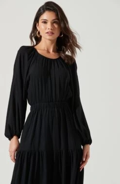 Long Sleeve Cinched Cutout Waist Tiered Midi Dress -Dresses Sales Store ADR101214 BLACK 1915