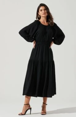 Long Sleeve Cinched Cutout Waist Tiered Midi Dress -Dresses Sales Store ADR101214 BLACK 1917