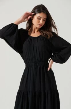 Long Sleeve Cinched Cutout Waist Tiered Midi Dress -Dresses Sales Store ADR101214 BLACK 1919