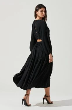 Long Sleeve Cinched Cutout Waist Tiered Midi Dress -Dresses Sales Store ADR101214 BLACK 1922