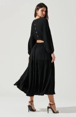 Long Sleeve Cinched Cutout Waist Tiered Midi Dress -Dresses Sales Store ADR101214 BLACK 1923