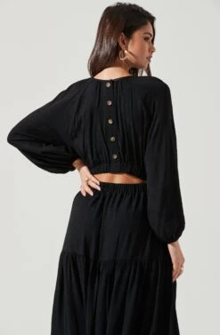 Long Sleeve Cinched Cutout Waist Tiered Midi Dress -Dresses Sales Store ADR101214 BLACK 1926