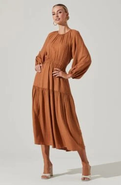 Long Sleeve Cinched Cutout Waist Tiered Midi Dress -Dresses Sales Store ADR101214 RUST 1
