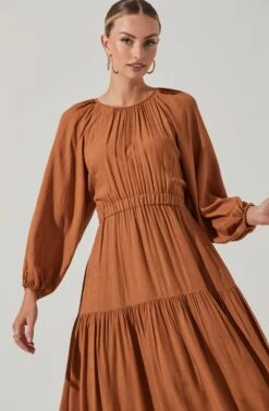 Long Sleeve Cinched Cutout Waist Tiered Midi Dress -Dresses Sales Store ADR101214 RUST 2