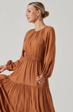 Long Sleeve Cinched Cutout Waist Tiered Midi Dress -Dresses Sales Store ADR101214 RUST 3