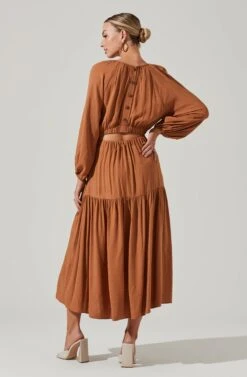 Long Sleeve Cinched Cutout Waist Tiered Midi Dress -Dresses Sales Store ADR101214 RUST 5
