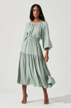 Long Sleeve Cinched Cutout Waist Tiered Midi Dress -Dresses Sales Store ADR101214 SAGE 1731