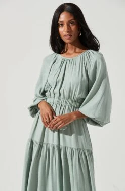 Long Sleeve Cinched Cutout Waist Tiered Midi Dress -Dresses Sales Store ADR101214 SAGE 1737