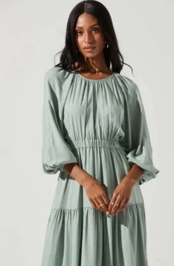 Long Sleeve Cinched Cutout Waist Tiered Midi Dress -Dresses Sales Store ADR101214 SAGE 1740