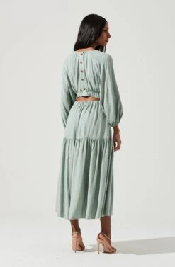 Long Sleeve Cinched Cutout Waist Tiered Midi Dress -Dresses Sales Store ADR101214 SAGE 1743