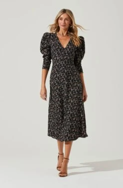Puff Sleeve V Neck Back Cutout Midi Dress -Dresses Sales Store ADR101215 BLACKMULTIFLORAL 1