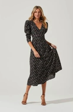 Puff Sleeve V Neck Back Cutout Midi Dress -Dresses Sales Store ADR101215 BLACKMULTIFLORAL 2