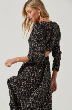 Puff Sleeve V Neck Back Cutout Midi Dress -Dresses Sales Store ADR101215 BLACKMULTIFLORAL 6