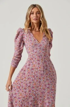 Puff Sleeve V Neck Back Cutout Midi Dress -Dresses Sales Store ADR101215 PURPLE PEACHFLORAL 4