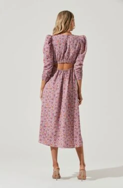 Puff Sleeve V Neck Back Cutout Midi Dress -Dresses Sales Store ADR101215 PURPLE PEACHFLORAL 5