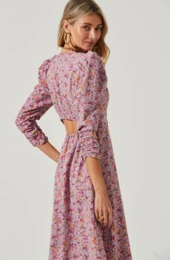 Puff Sleeve V Neck Back Cutout Midi Dress -Dresses Sales Store ADR101215 PURPLE PEACHFLORAL 6