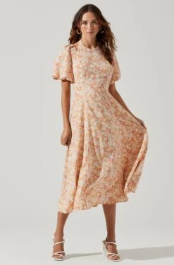Puff Sleeve Shoulder Cutout Floral Midi Dress