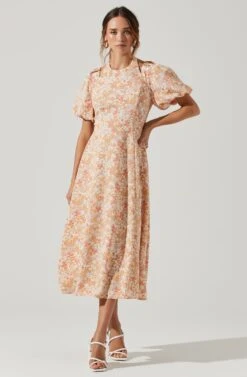 Puff Sleeve Shoulder Cutout Floral Midi Dress -Dresses Sales Store ADR101217 PEACHMULITDITSY 3
