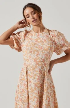 Puff Sleeve Shoulder Cutout Floral Midi Dress -Dresses Sales Store ADR101217 PEACHMULITDITSY 5