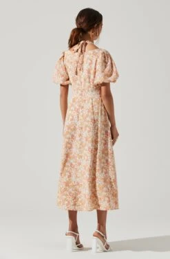 Puff Sleeve Shoulder Cutout Floral Midi Dress -Dresses Sales Store ADR101217 PEACHMULITDITSY 6