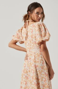 Puff Sleeve Shoulder Cutout Floral Midi Dress -Dresses Sales Store ADR101217 PEACHMULITDITSY 7