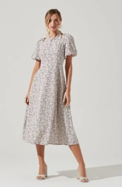 Puff Sleeve Shoulder Cutout Floral Midi Dress -Dresses Sales Store ADR101217 TAUPEMULTIDITSY 0742